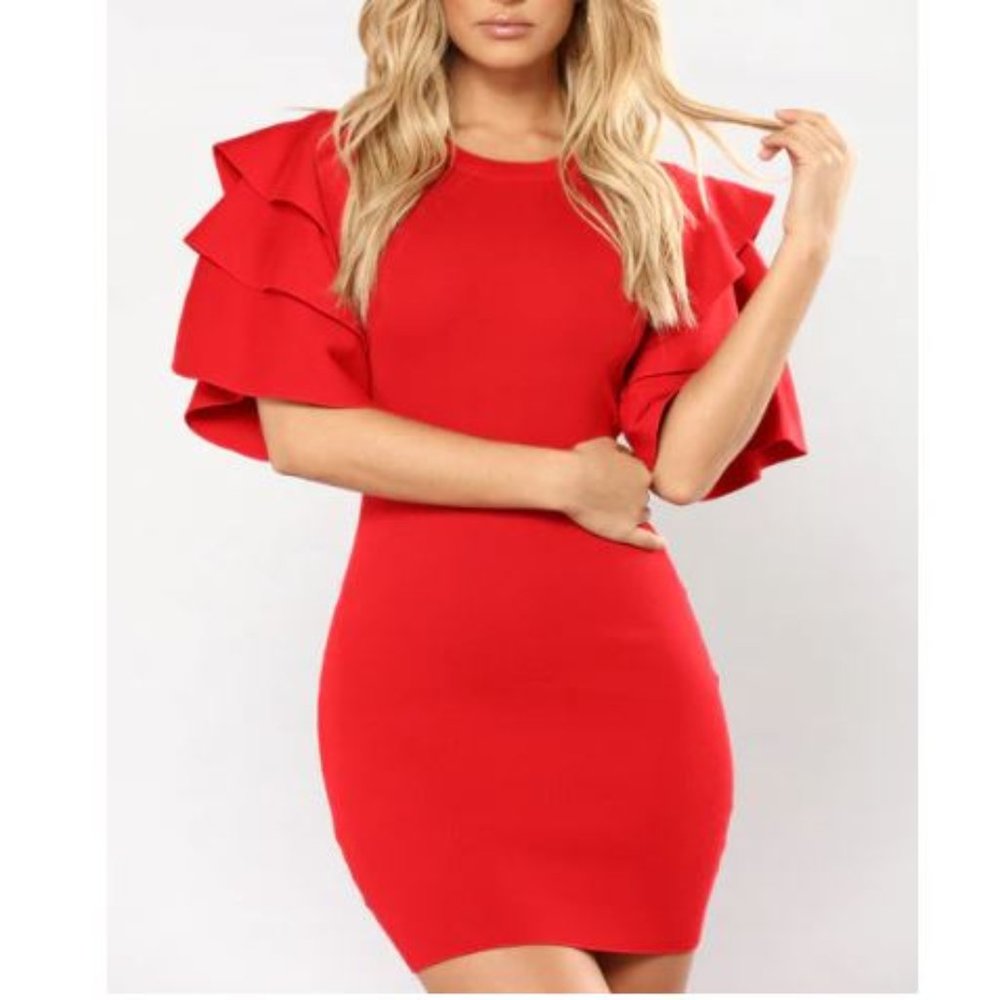 .Ribbed Knit Ruffle Sleeved Bodycon Sweater Dress